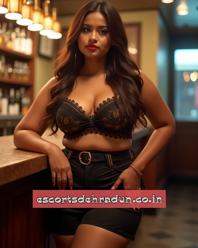 Premium Driti in black deep V dress posing in hotel room for Dehradun celebrity escorts