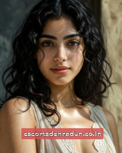 Attractive Indian Dehradun escort curly hair glowing skin beige lace outfit